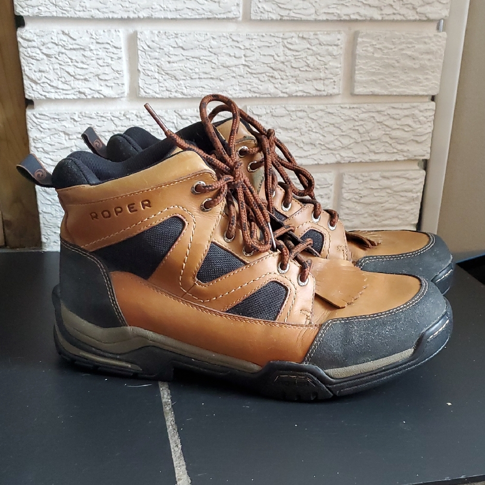Roper Men's Women's Tan and Black Leather Outdoor Riding Boots US M 9 WM 10.5